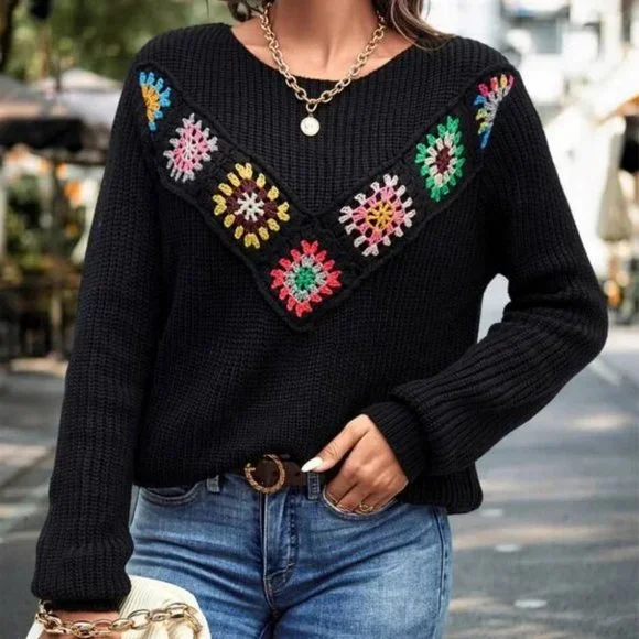 Crochet Floral Detailed round neckline black Ribbed Knit Sweater Top fall winte - Picture 4 of 6